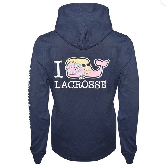 Vineyard Vines I Whale Lacrosse Navy Hoodie Tee Long Sleeve Navy Drawstring S - Picture 8 of 8